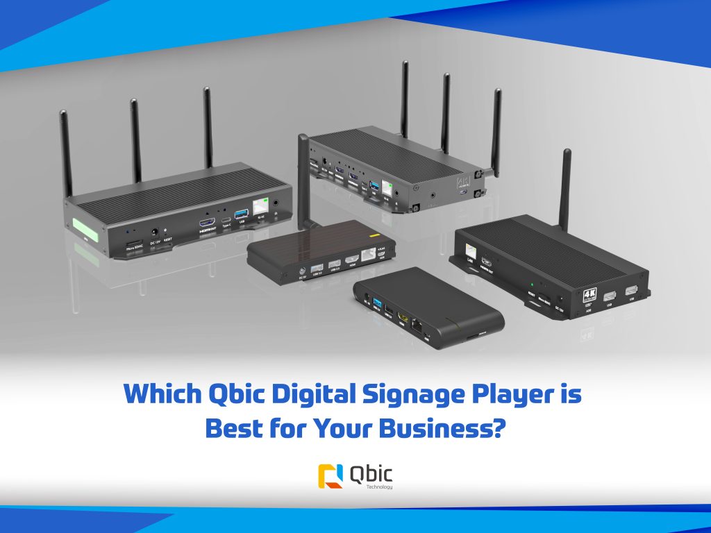 Qbic's range of digital signage players, from standard to advanced models.